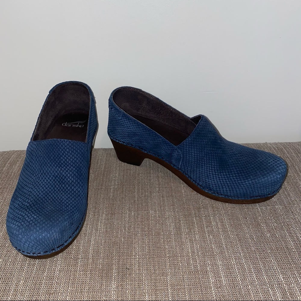 Dansko Blue Snakeskin Suede Clogs